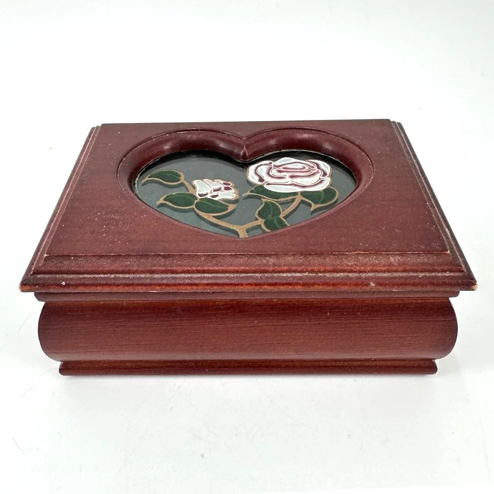 Vintage Wooden‎ Jewelry Box Heart Rose Cottagecore Keepsake Trinket Box